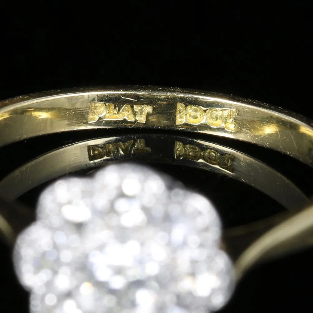 Antique Edwardian Diamond Cluster Ring 18Ct Gold Plat