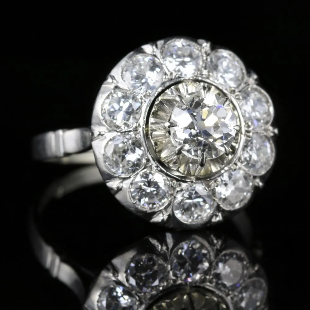 Antique Edwardian Diamond Cluster Ring 18Ct White Gold 2.60Ct