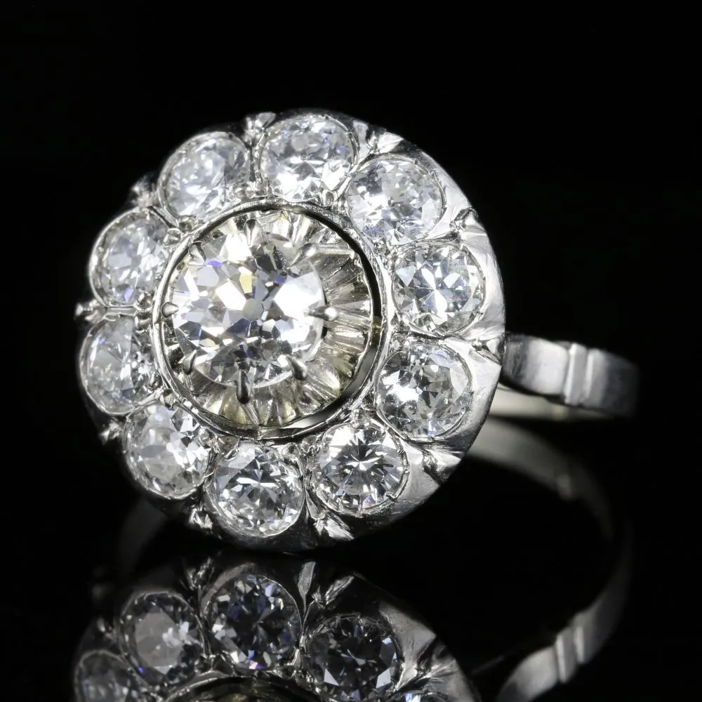 Antique Edwardian Diamond Cluster Ring 18Ct White Gold 2.60Ct