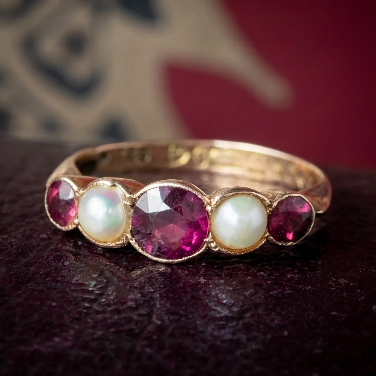 Antique Edwardian Garnet Pearl Five Stone Ring