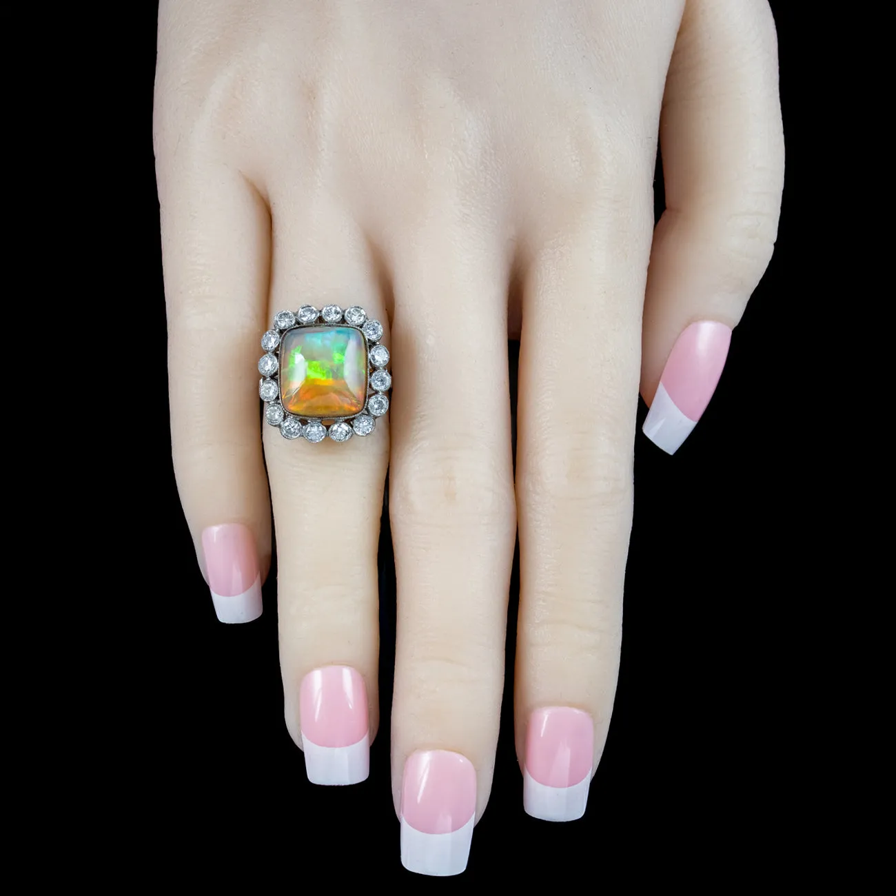 Antique Edwardian Opal Diamond Cluster Ring 8ct Opal