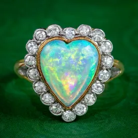 Antique Edwardian Opal Diamond Heart Ring 2.5ct Opal