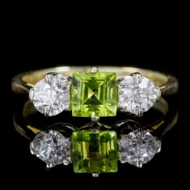 Antique Edwardian Peridot Diamond Trilogy Ring Platinum 18Ct Gold Circa 1915