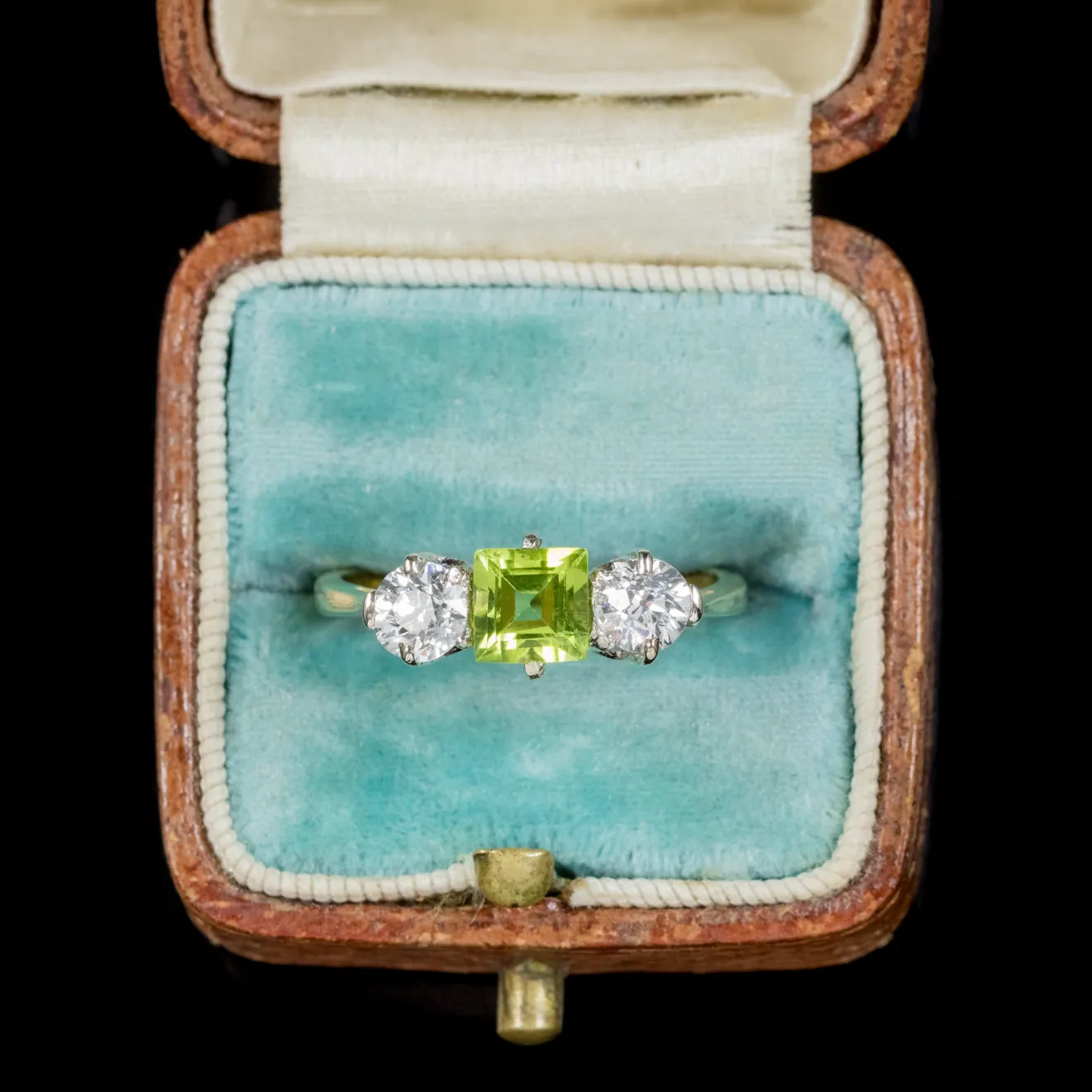 Antique Edwardian Peridot Diamond Trilogy Ring Platinum 18Ct Gold Circa 1915