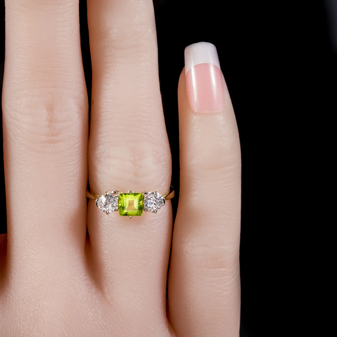 Antique Edwardian Peridot Diamond Trilogy Ring Platinum 18Ct Gold Circa 1915