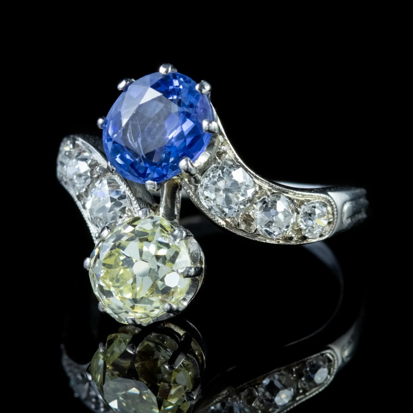 Antique Edwardian Sapphire Fancy Champagne Diamond Twist Ring Platinum Circa 1915