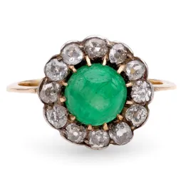 Antique Emerald Diamond 18K Yellow Gold Silver Cluster Ring