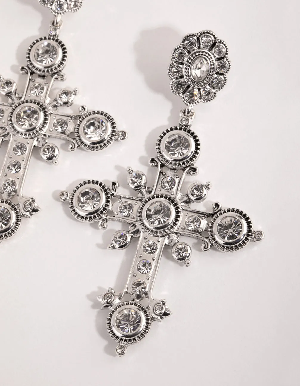 Antique Silver Statement Cross Earrings