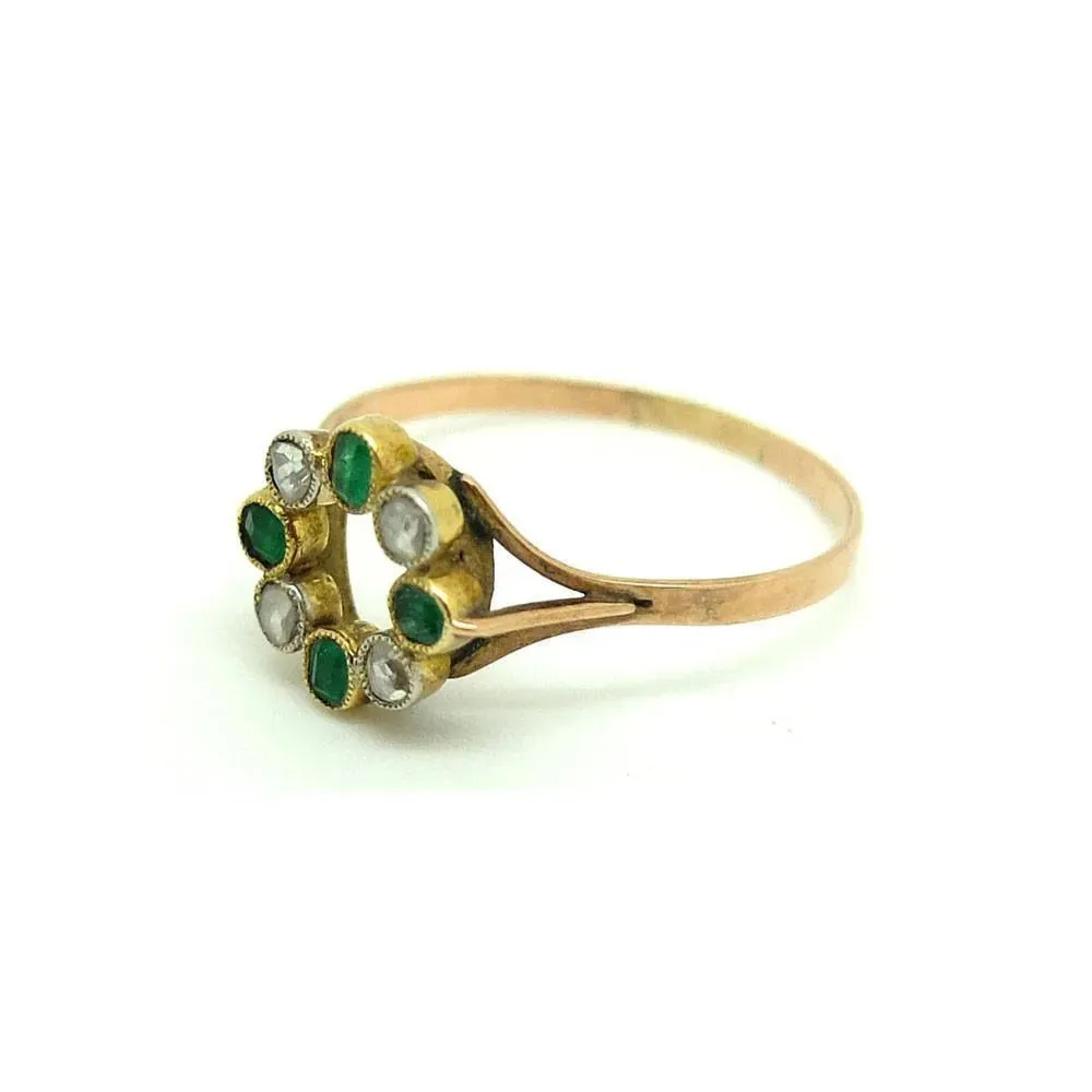 Antique Victorian Diamond & Emerald 9ct Gold Halo Ring