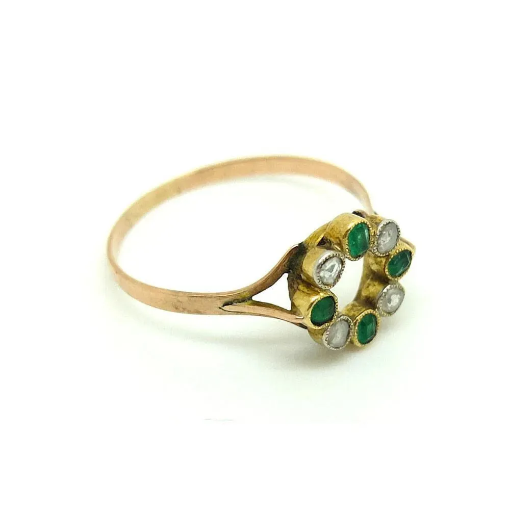 Antique Victorian Diamond & Emerald 9ct Gold Halo Ring