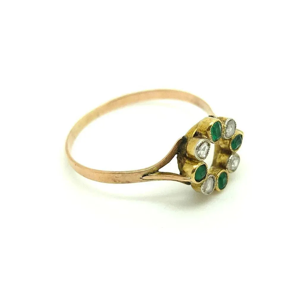 Antique Victorian Diamond & Emerald 9ct Gold Halo Ring