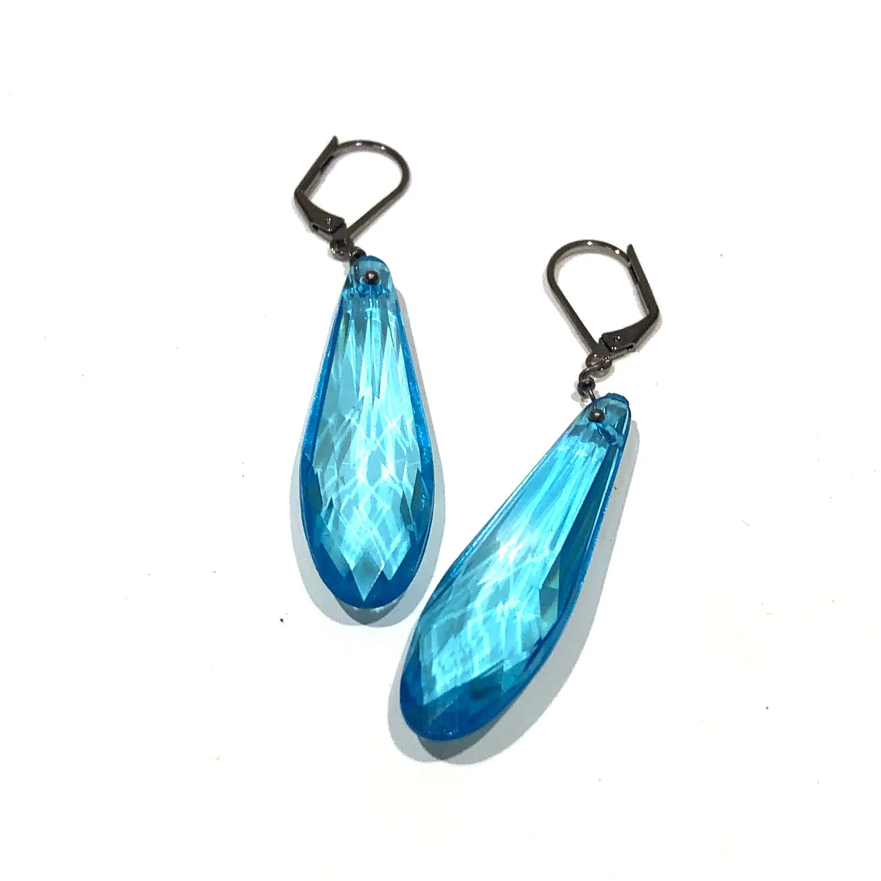 Aqua Blue Faceted Briolette Leverback TearDrop Earrings