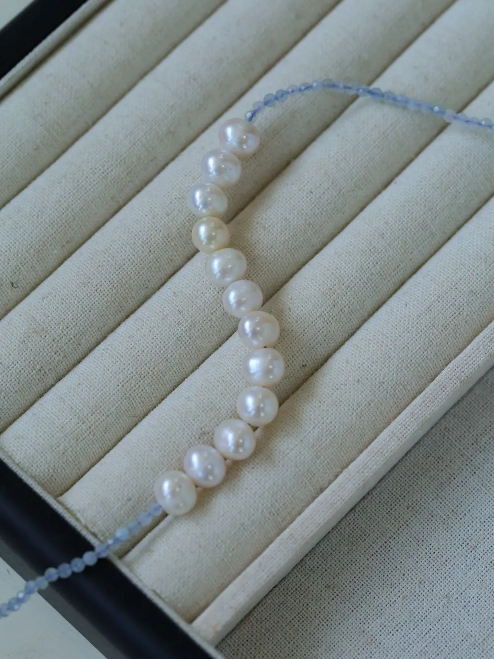 Aquamarine Smile Flat Round Pearl Beaded OT Necklace