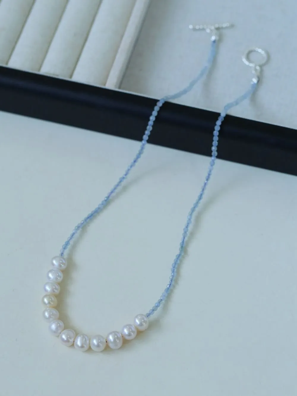 Aquamarine Smile Flat Round Pearl Beaded OT Necklace