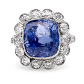 Art Deco Inspired 10.10 Carat Cushion Ceylon Sapphire Diamond Platinum Ring