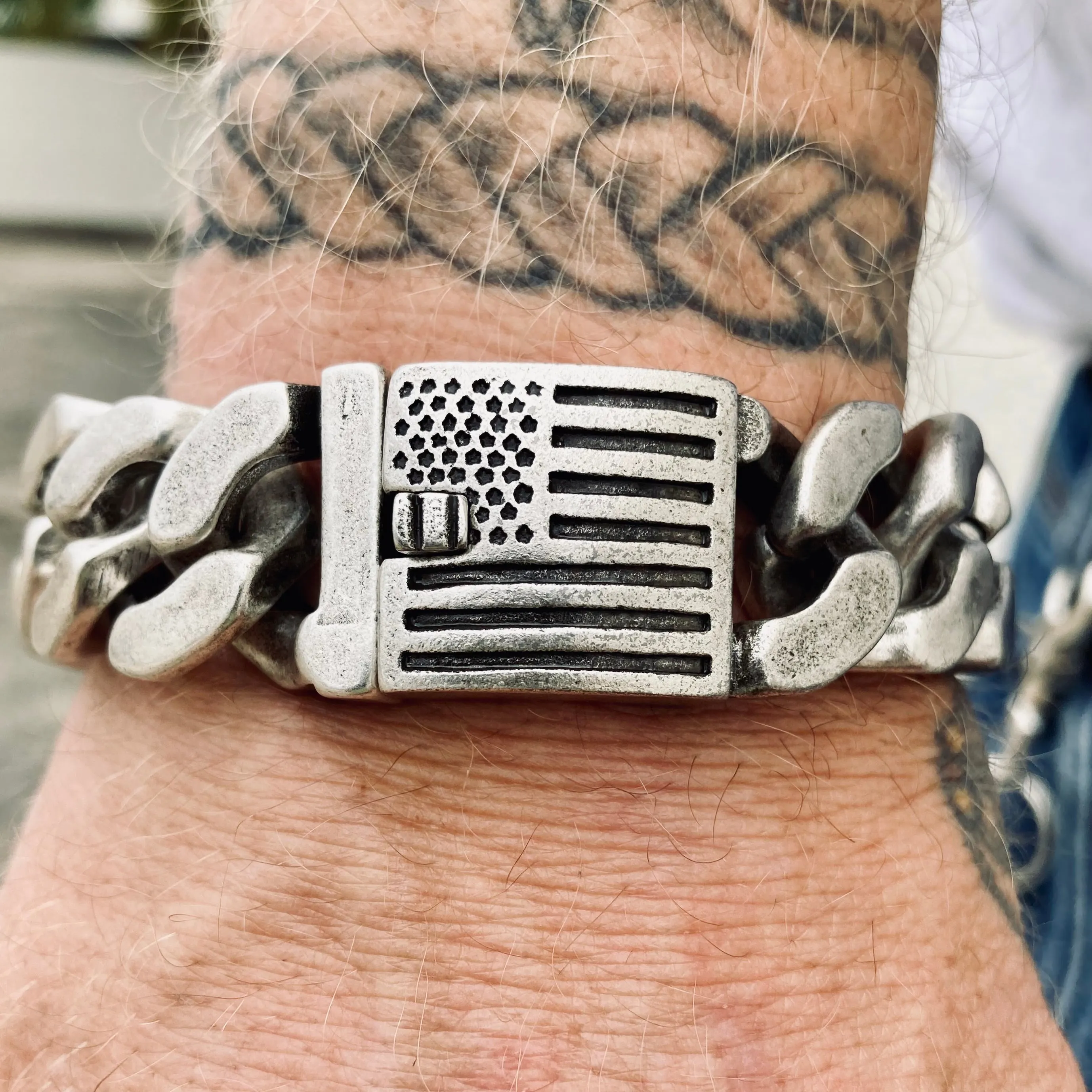 Bagger Bracelet - "EASY BIKER" - American Flag Brushed - 3/4" wide - B124