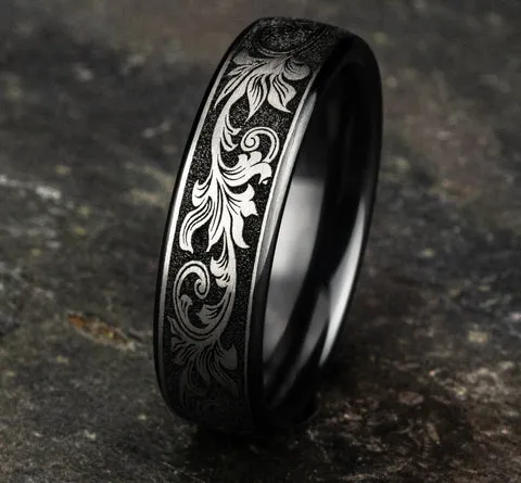 Benchmark 6.5mm Black Titanium Script Design Men's Ring