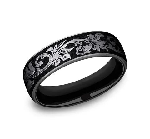 Benchmark 6.5mm Black Titanium Script Design Men's Ring