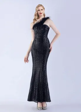 Black Luxury One Shoulder Feather Sequin Mermaid Formal Gown