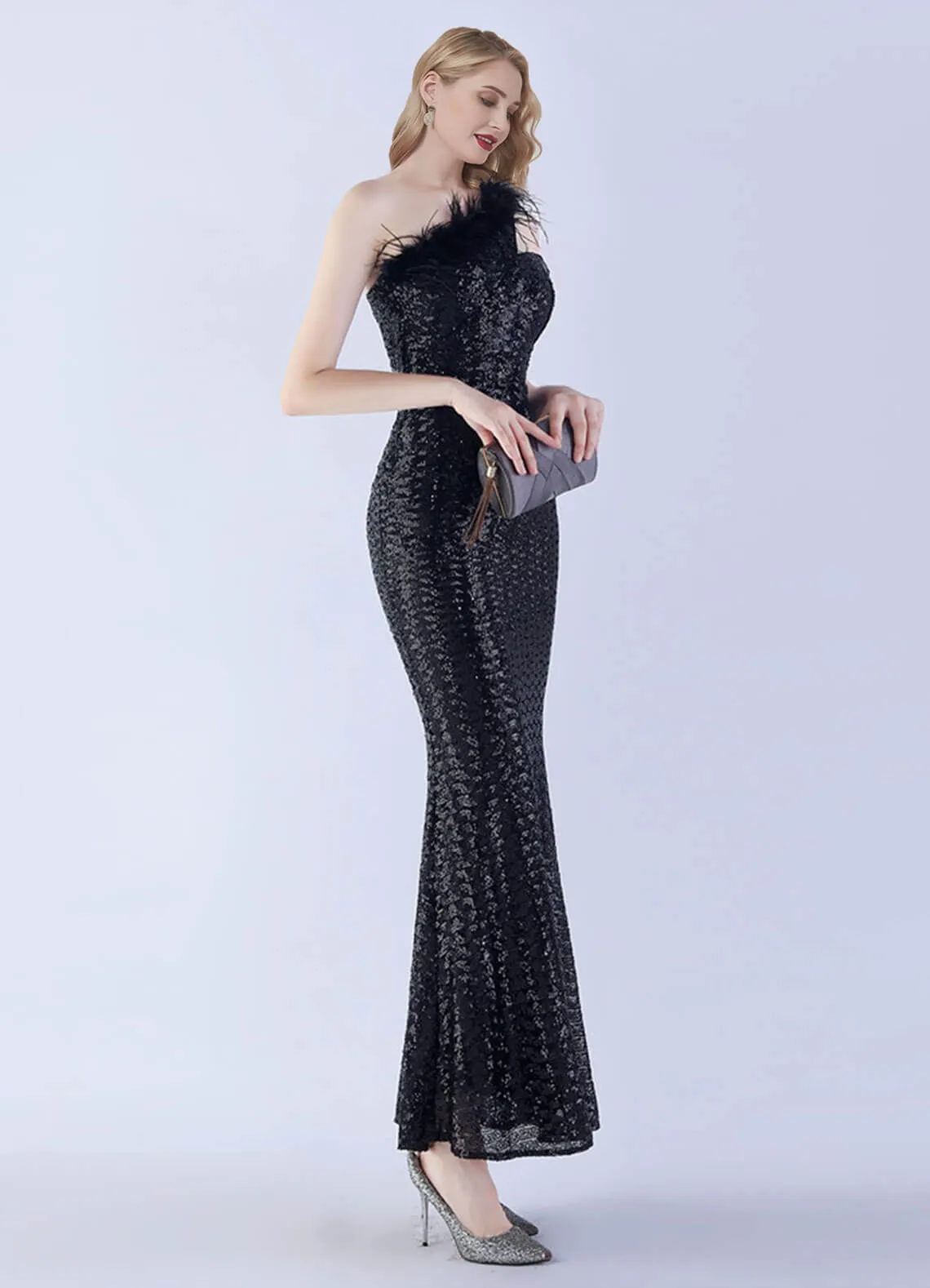 Black Luxury One Shoulder Feather Sequin Mermaid Formal Gown