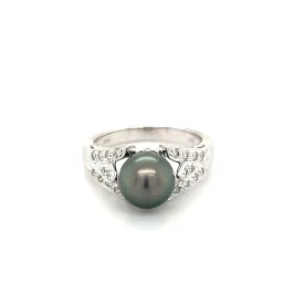 Black Pearl Ring with Twenty Diamonds in 14K White Gold