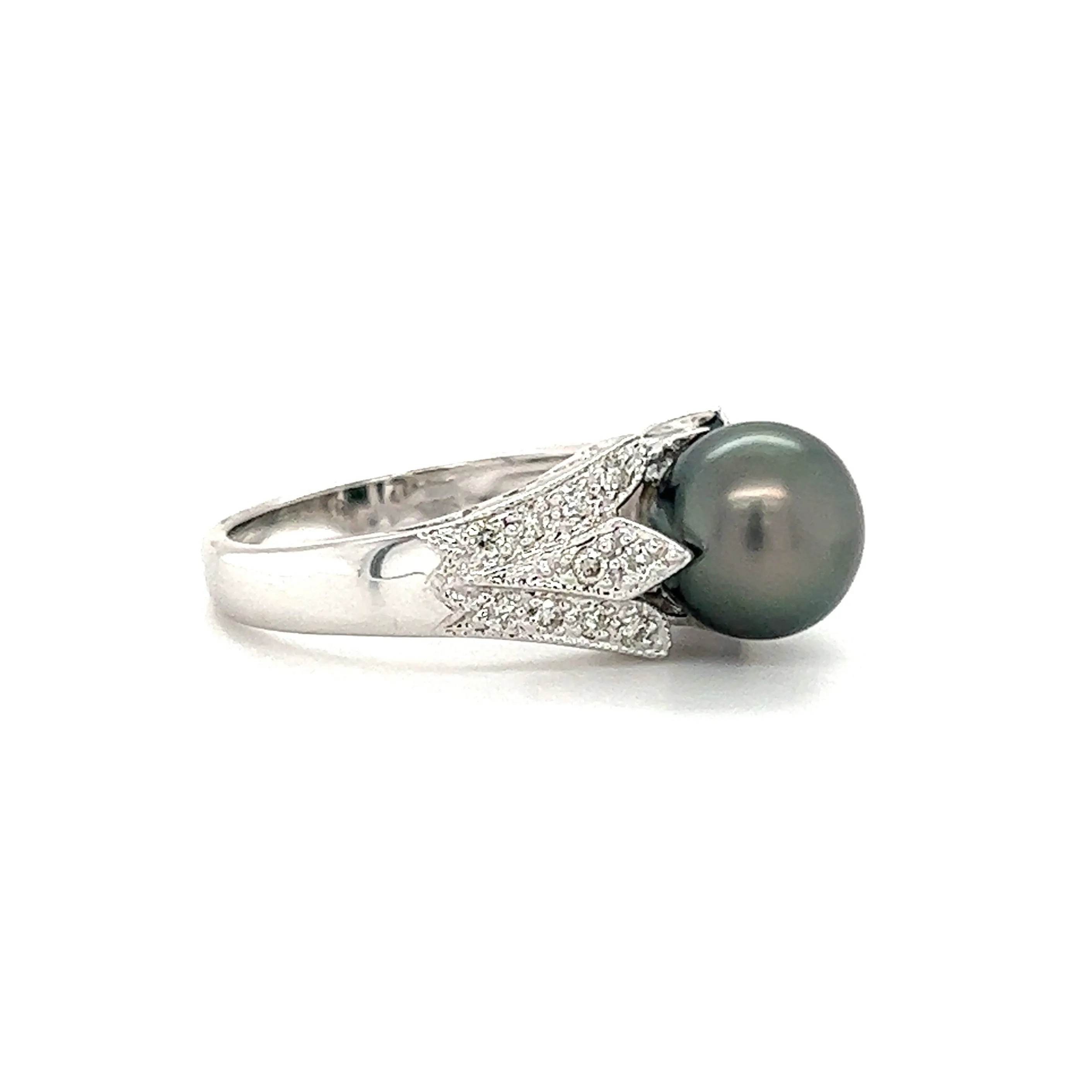 Black Pearl Ring with Twenty Diamonds in 14K White Gold