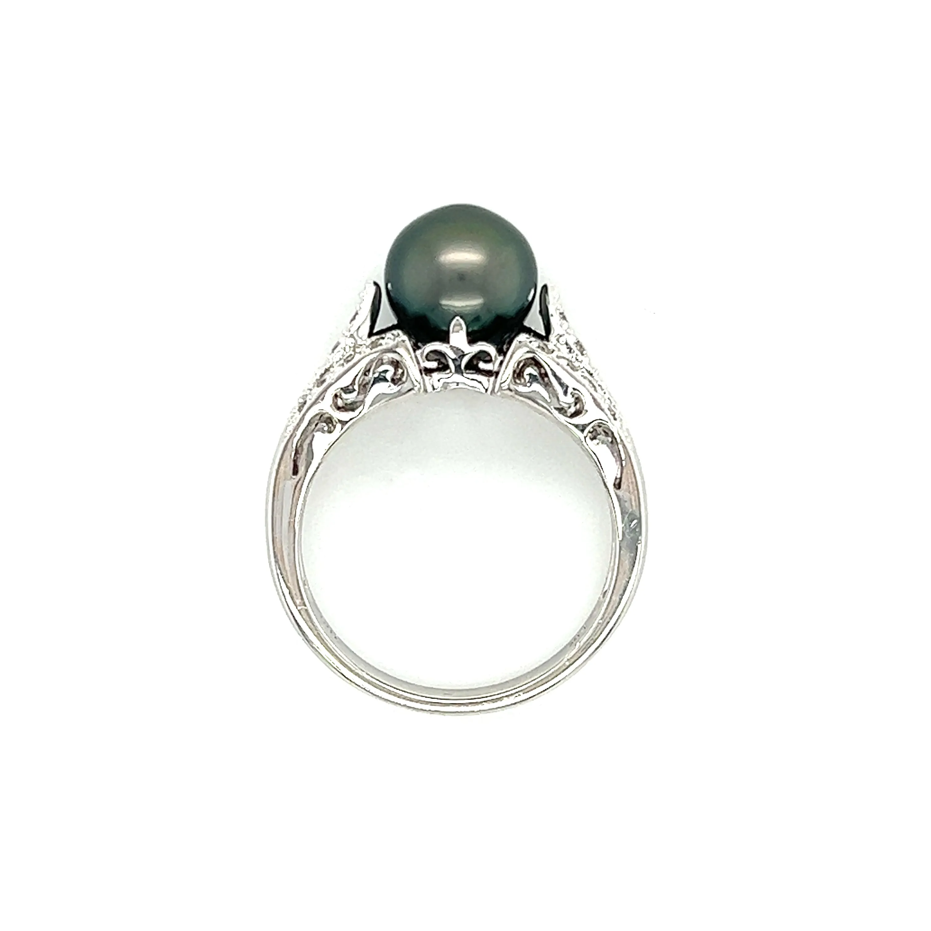 Black Pearl Ring with Twenty Diamonds in 14K White Gold