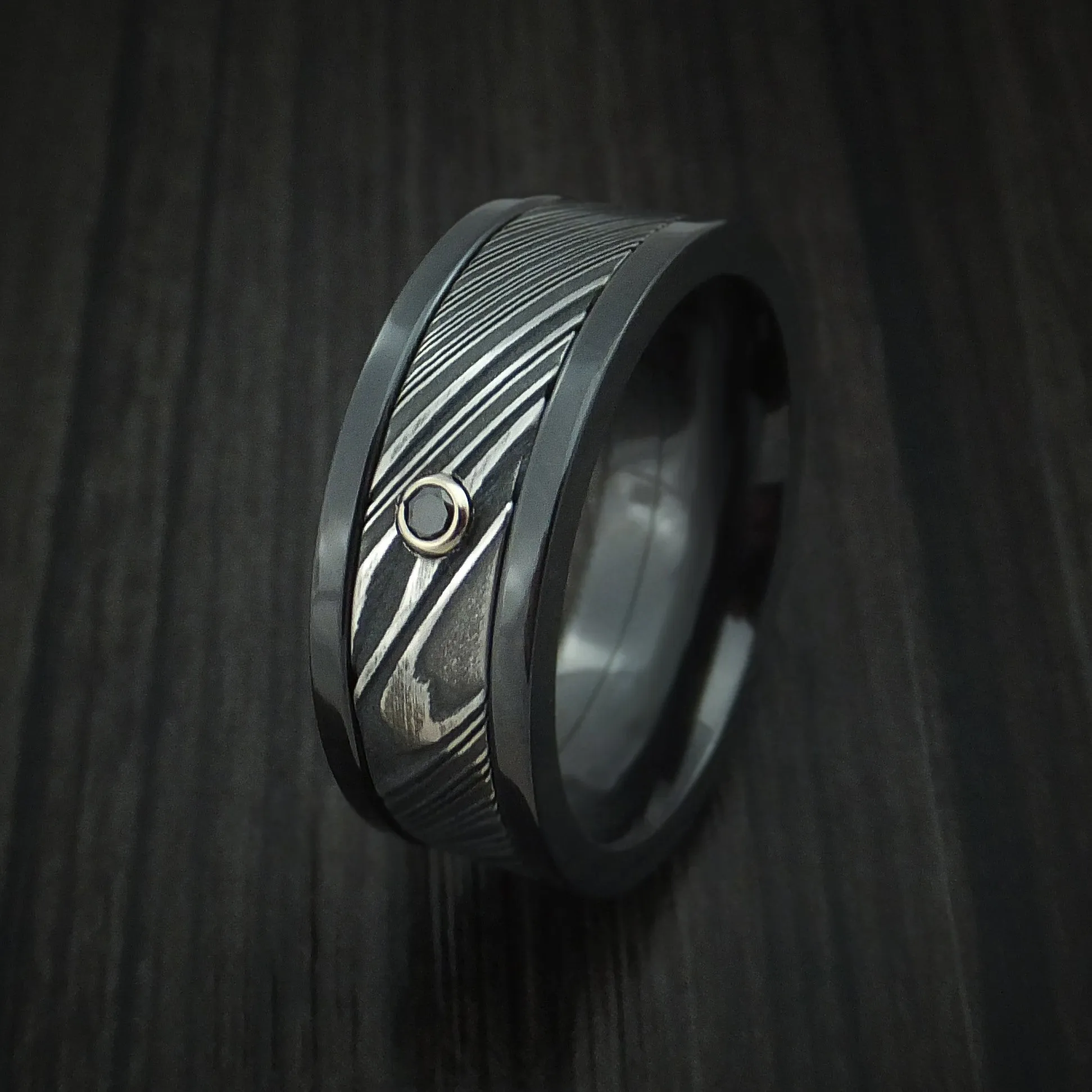 Black Titanium and Kuro Damascus Steel Band with Black Diamond Custom Made Men's Ring