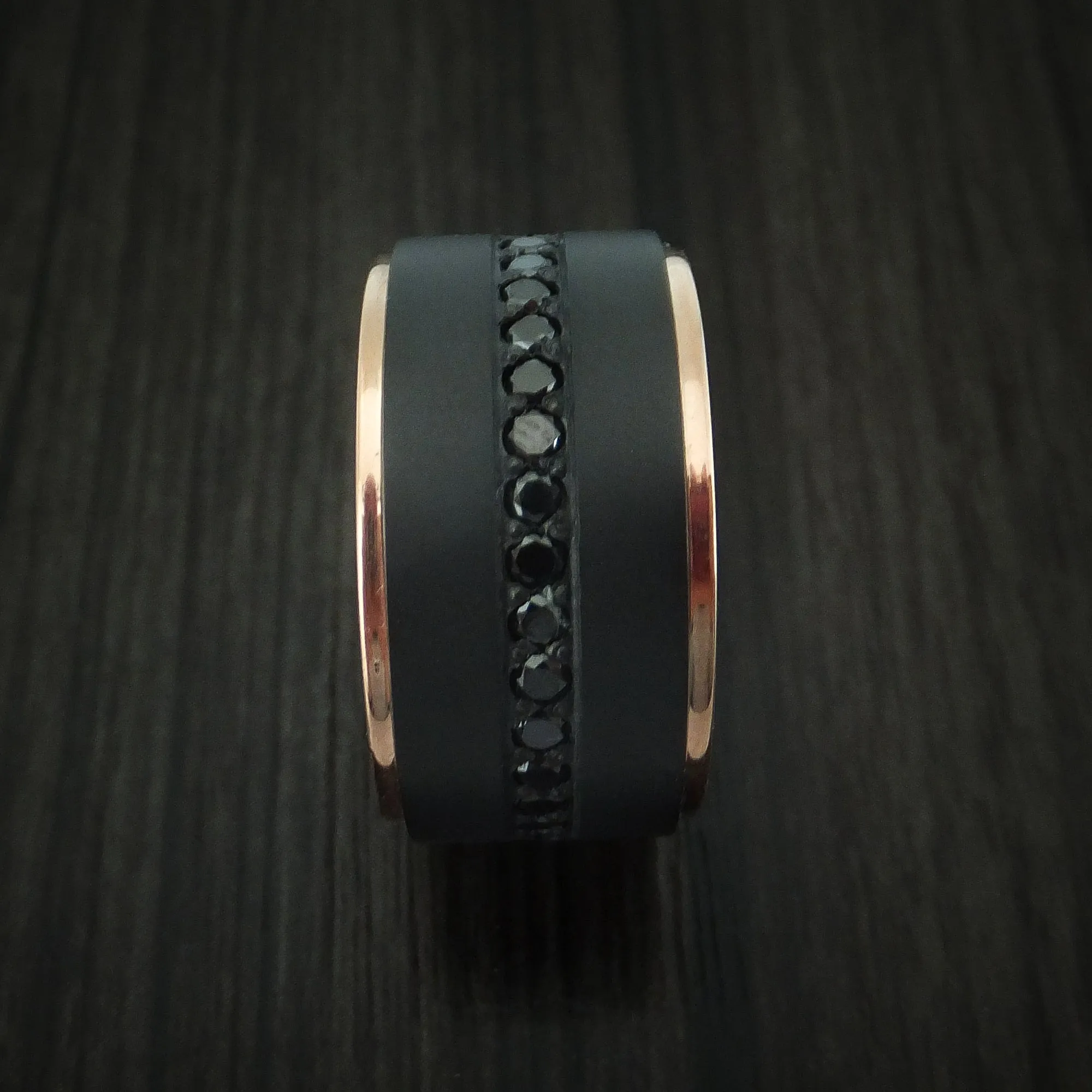 Black Zirconium and 14K Rose Gold Band with Black Diamonds Custom Made Men's Ring