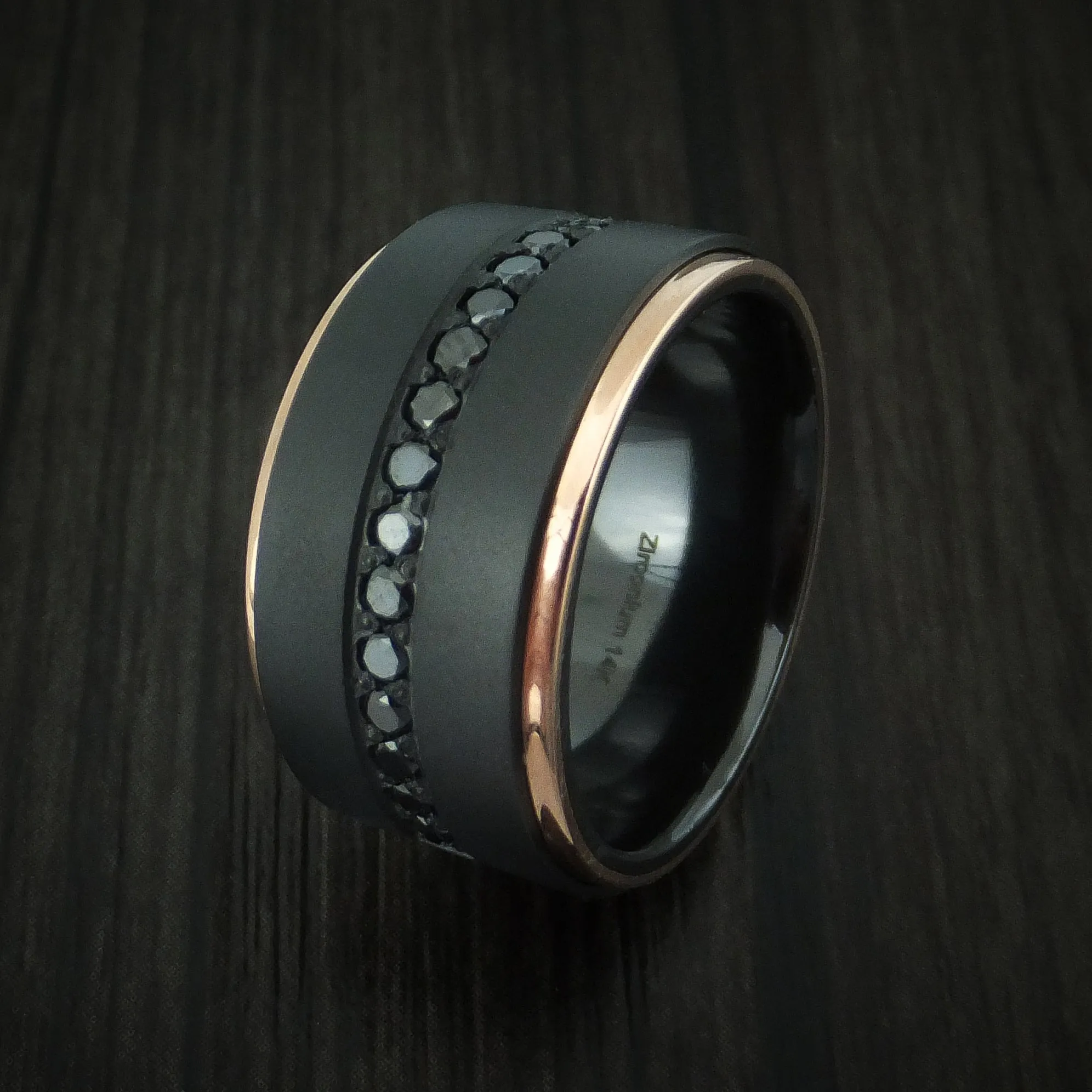 Black Zirconium and 14K Rose Gold Band with Black Diamonds Custom Made Men's Ring