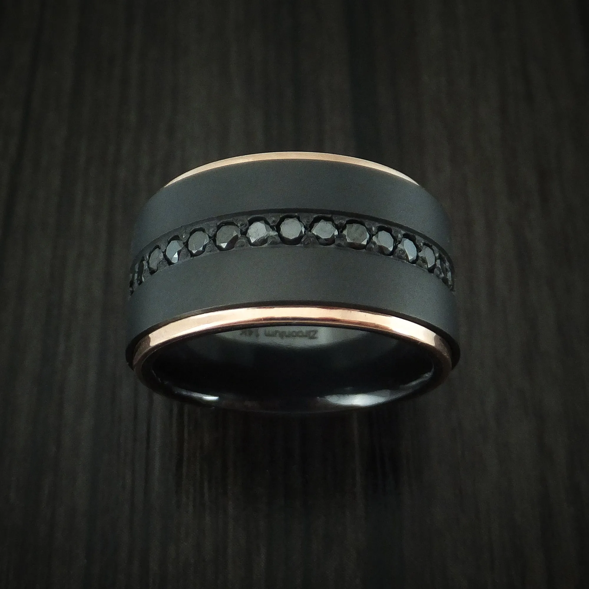 Black Zirconium and 14K Rose Gold Band with Black Diamonds Custom Made Men's Ring