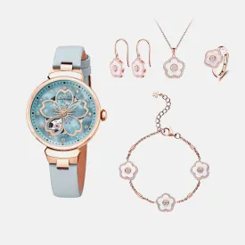 BLUE CHERRY BLOSSOM 36MM AUTOMATIC WATCH & FLOWER CERAMIC  JEWELLERIES（EARRINGS & BRACELET & NECKLACE & RING）