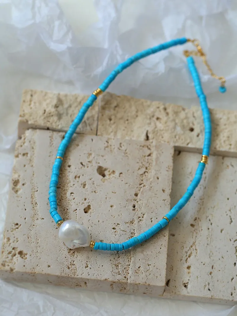 Blue Colored Stone Baroque Pearl Necklace