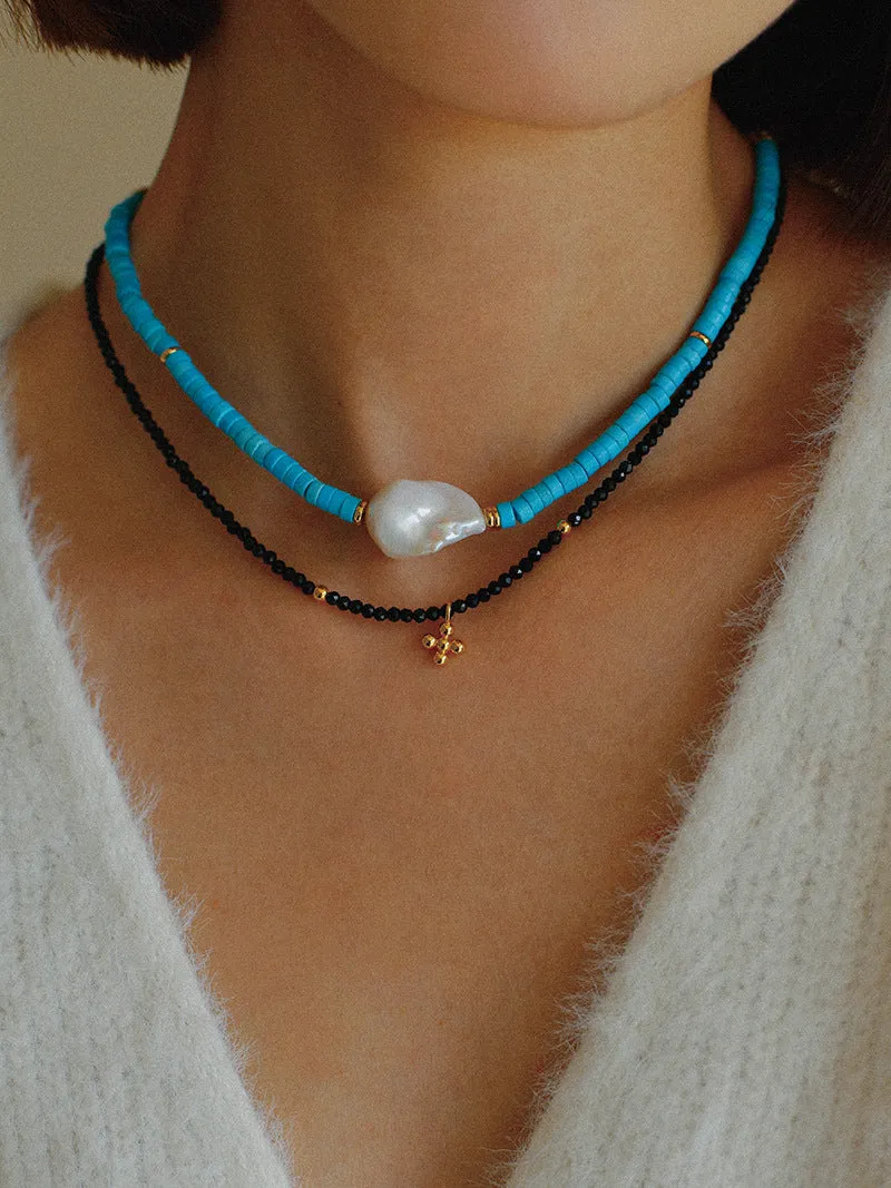 Blue Colored Stone Baroque Pearl Necklace