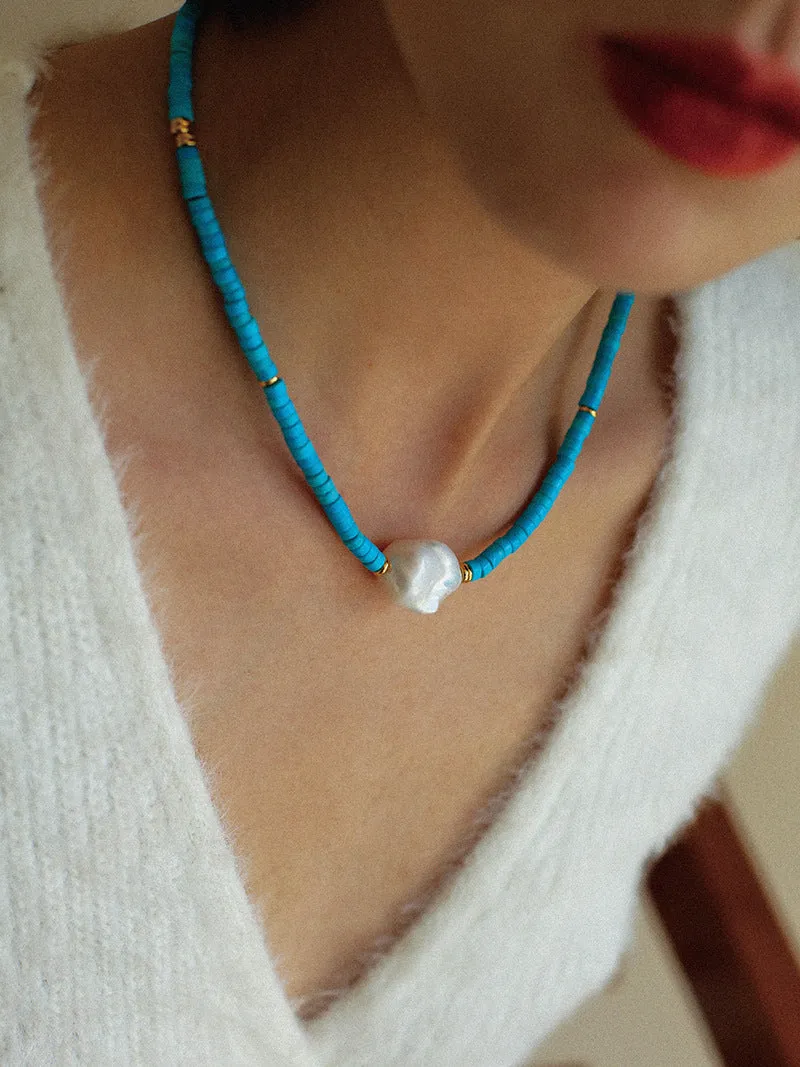 Blue Colored Stone Baroque Pearl Necklace