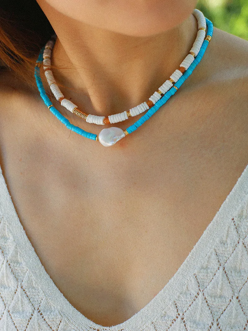 Blue Colored Stone Baroque Pearl Necklace