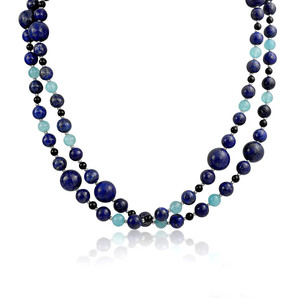 Blue Shades Aqua Quartz Lapis Black Onyx Ball Bead Strand Necklace