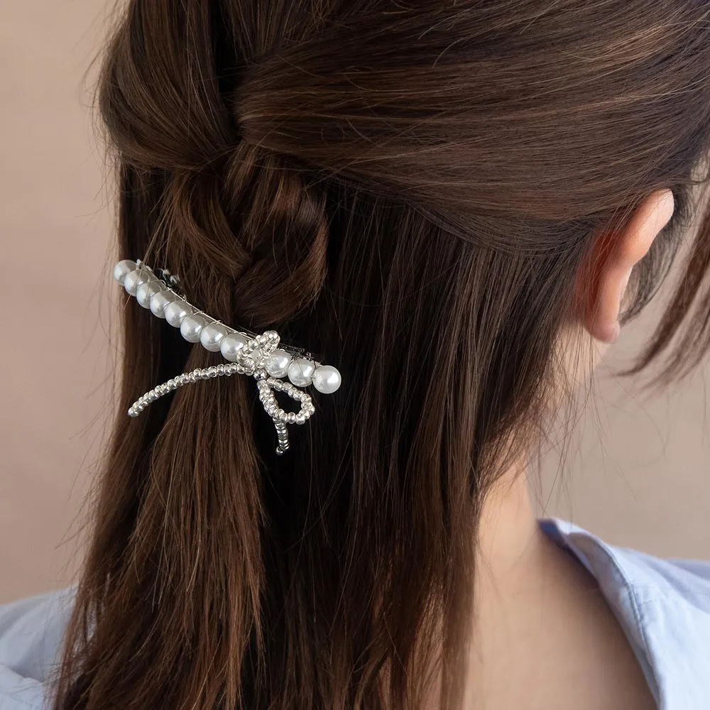 Bow and Pearl Skinny Hair Barrette