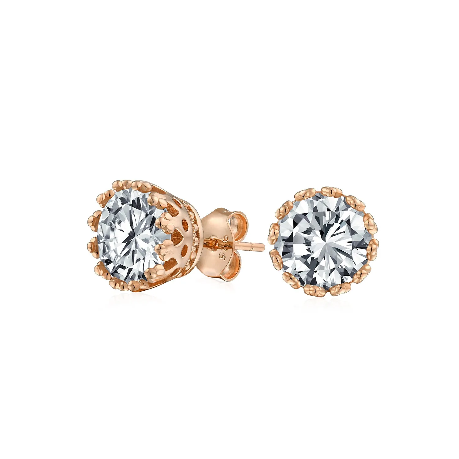 Brilliant Crown CZ Stud Earrings Rose Gold Plated Sterling Silver