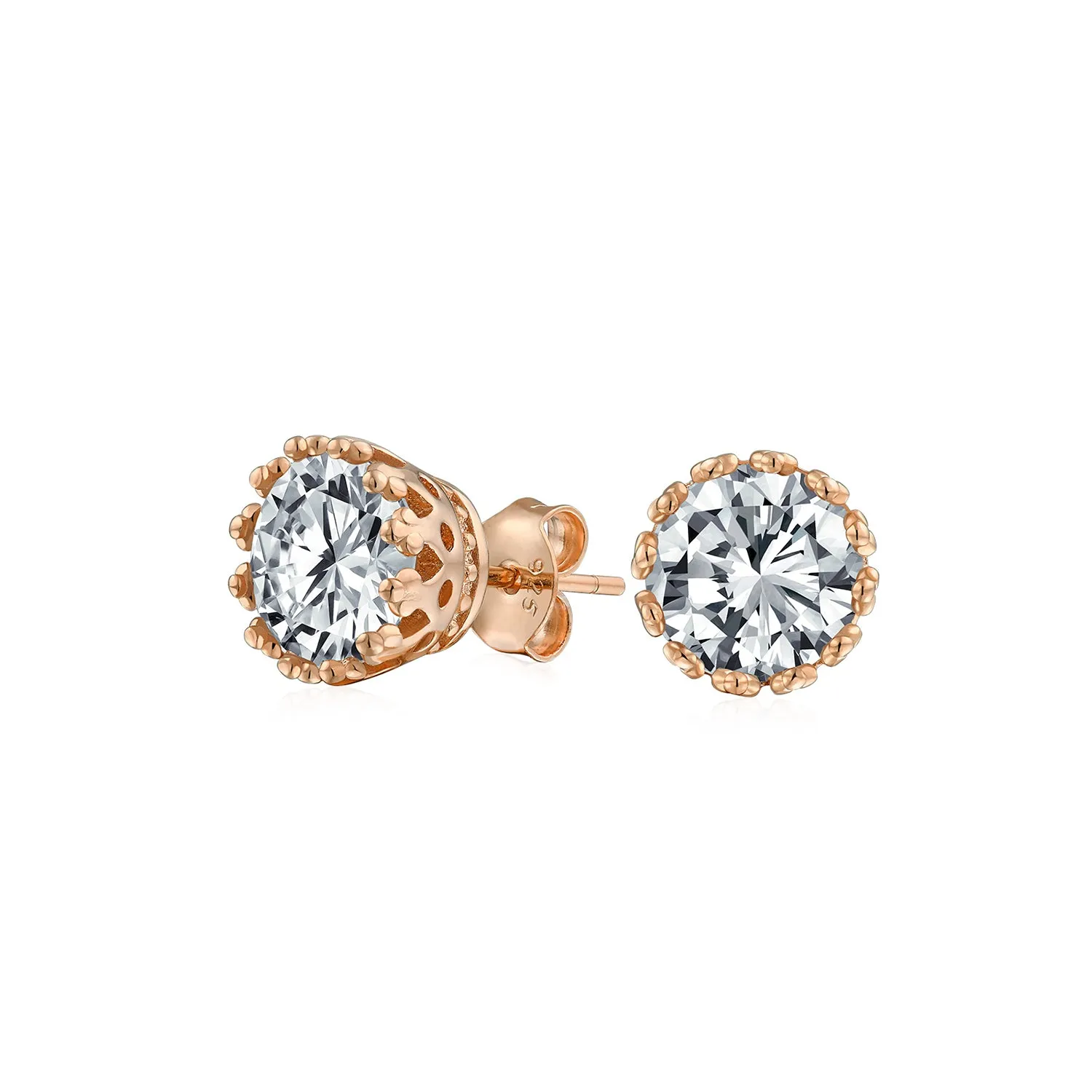 Brilliant Crown CZ Stud Earrings Rose Gold Plated Sterling Silver