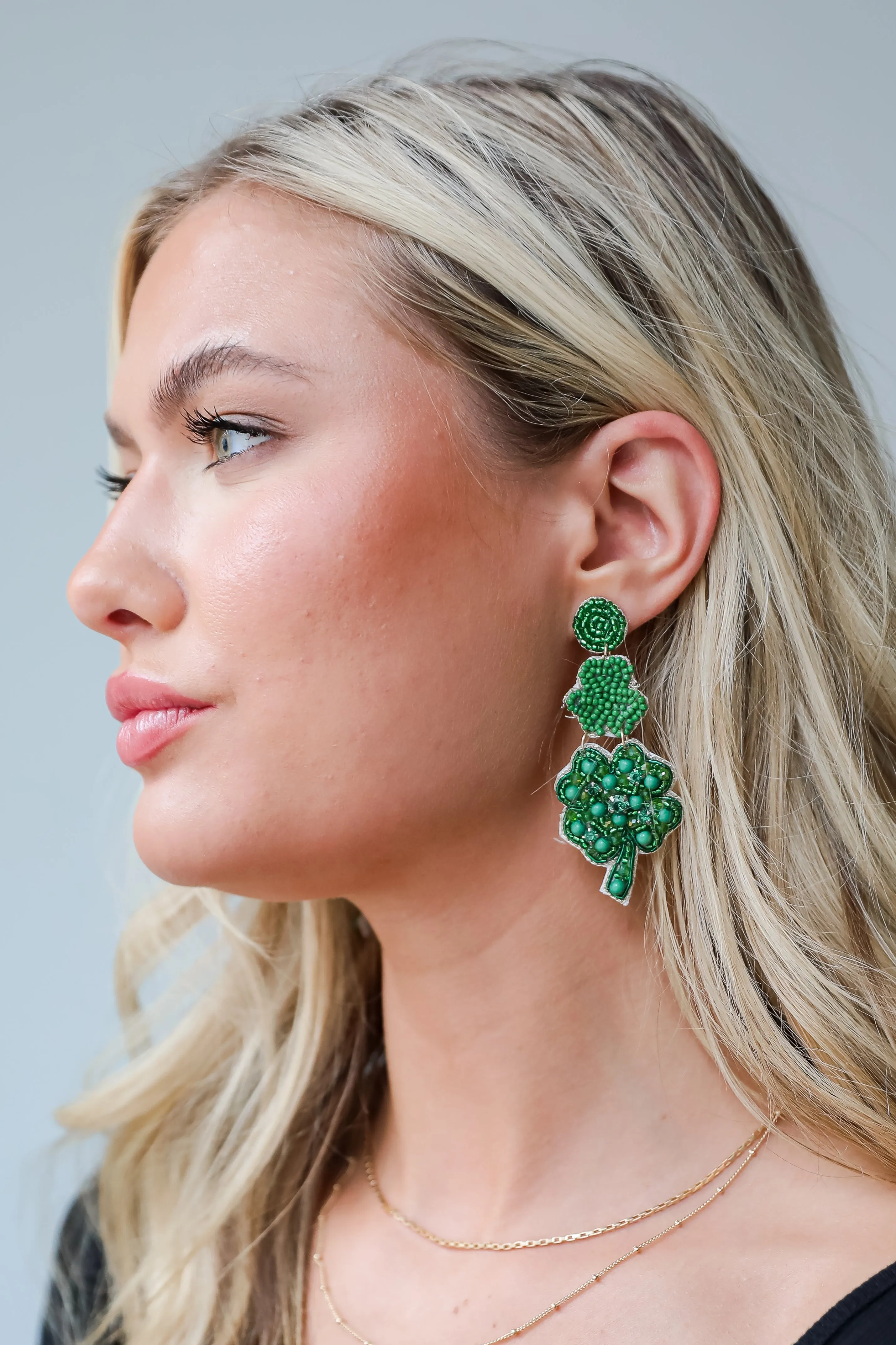 Caitlin Green Beaded Four Leaf Clover Drop Earrings