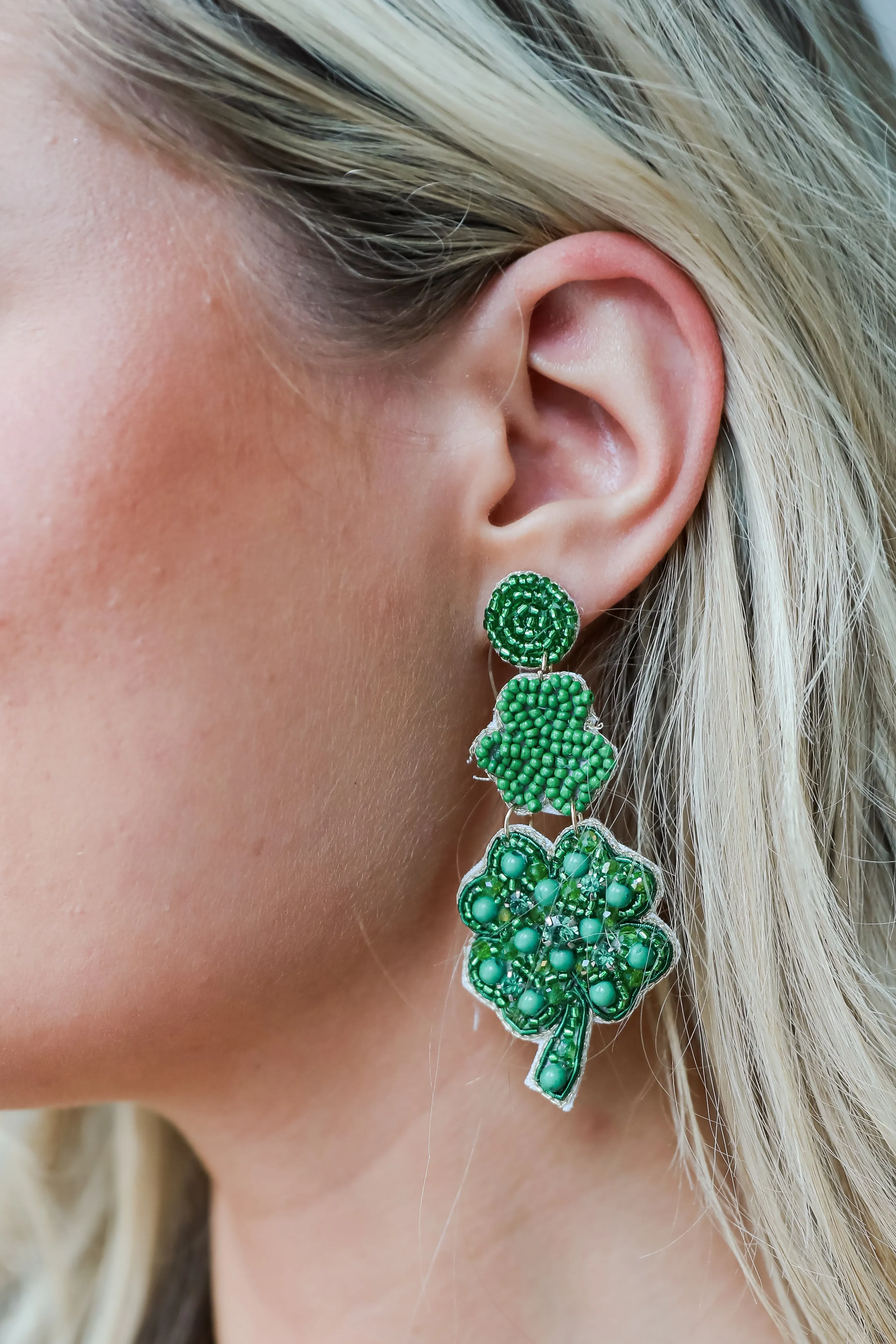 Caitlin Green Beaded Four Leaf Clover Drop Earrings