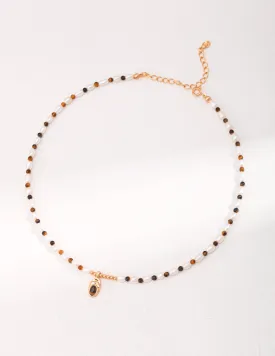 Caramel Chic: Tiger Eye Stone and Pearl Beaded Pendant Necklace