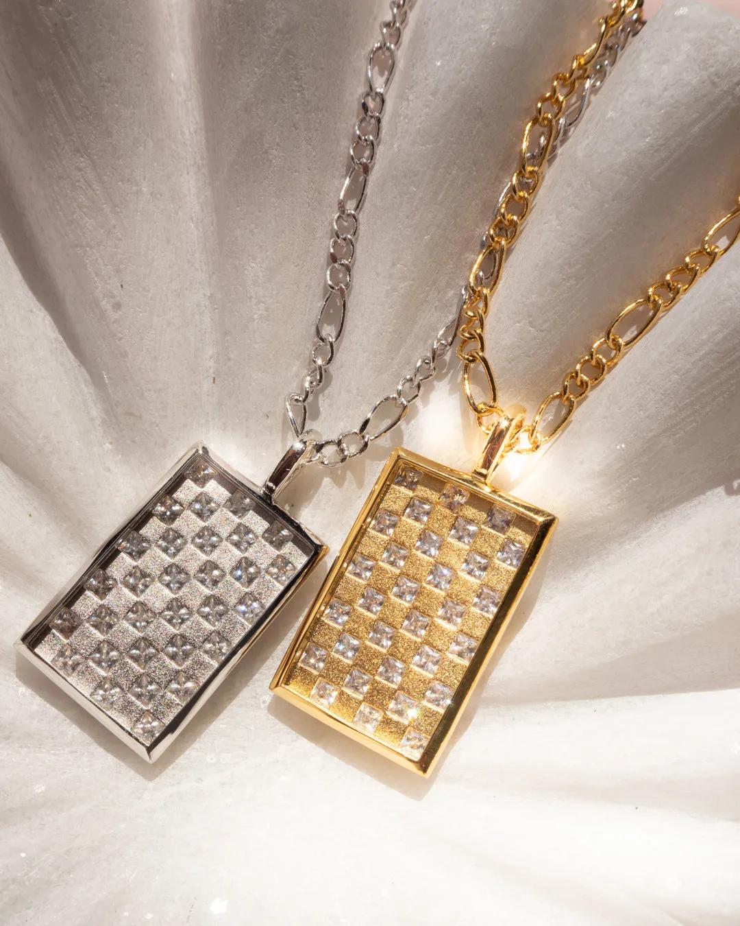 Checkerboard Dog Tag Necklace- Gold