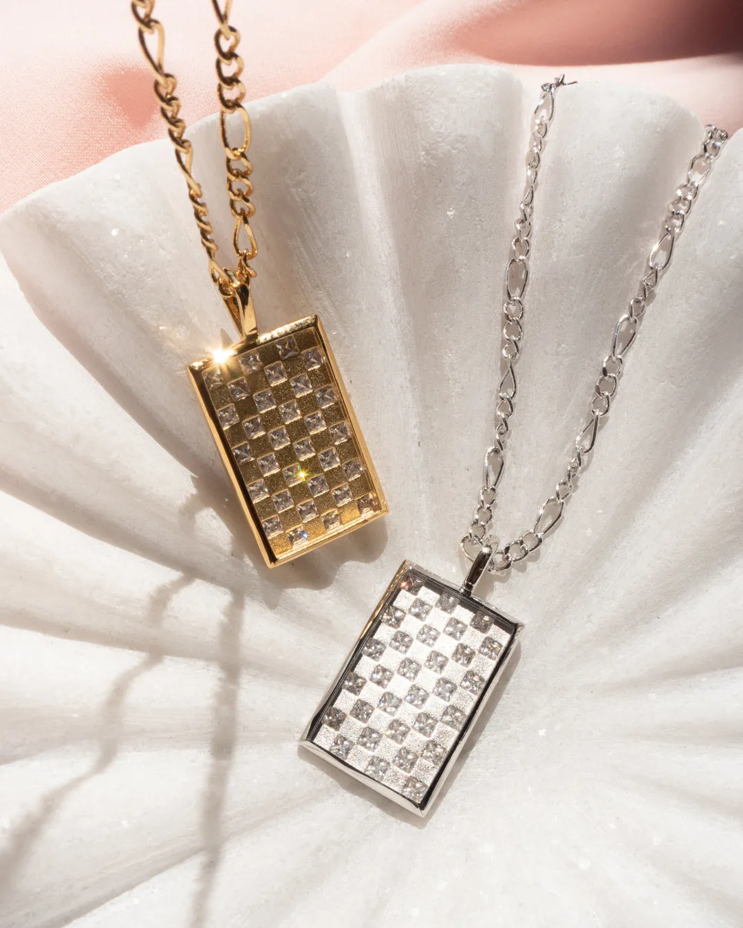 Checkerboard Dog Tag Necklace- Gold