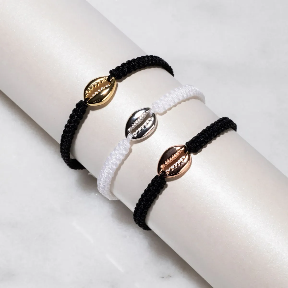 Cowrie Shell Black Macrame Bracelet | .925 Sterling Silver Rose Gold Vermeil