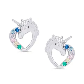 CZ Heart Unicorn Stud Earrings in Sterling Silver