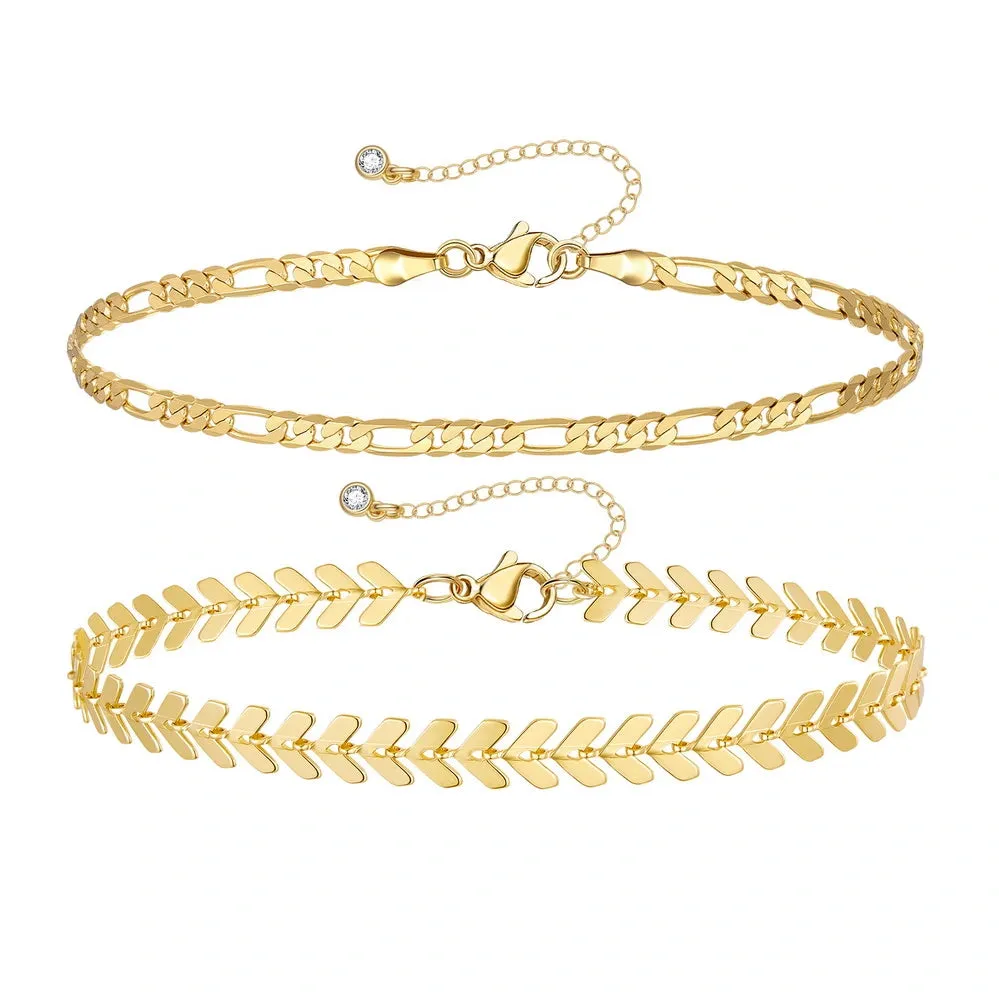 Dainty 14k Gold Plated Layering Anklets Bracelets Set- Figaro & Fishbone