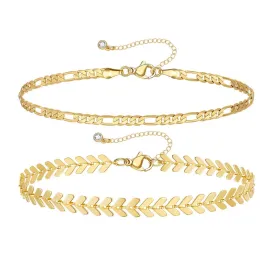 Dainty 14k Gold Plated Layering Anklets Bracelets Set- Figaro & Fishbone