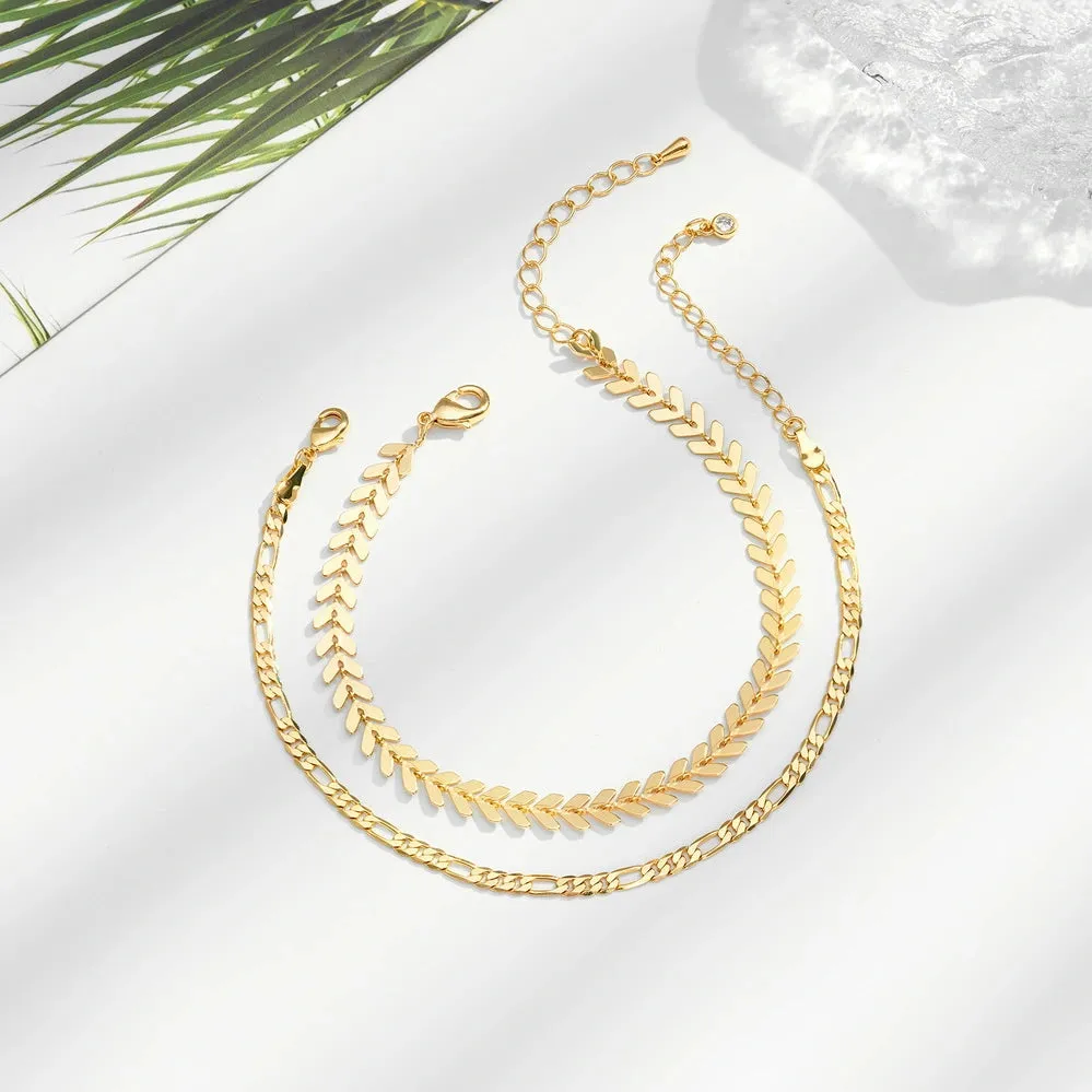 Dainty 14k Gold Plated Layering Anklets Bracelets Set- Figaro & Fishbone